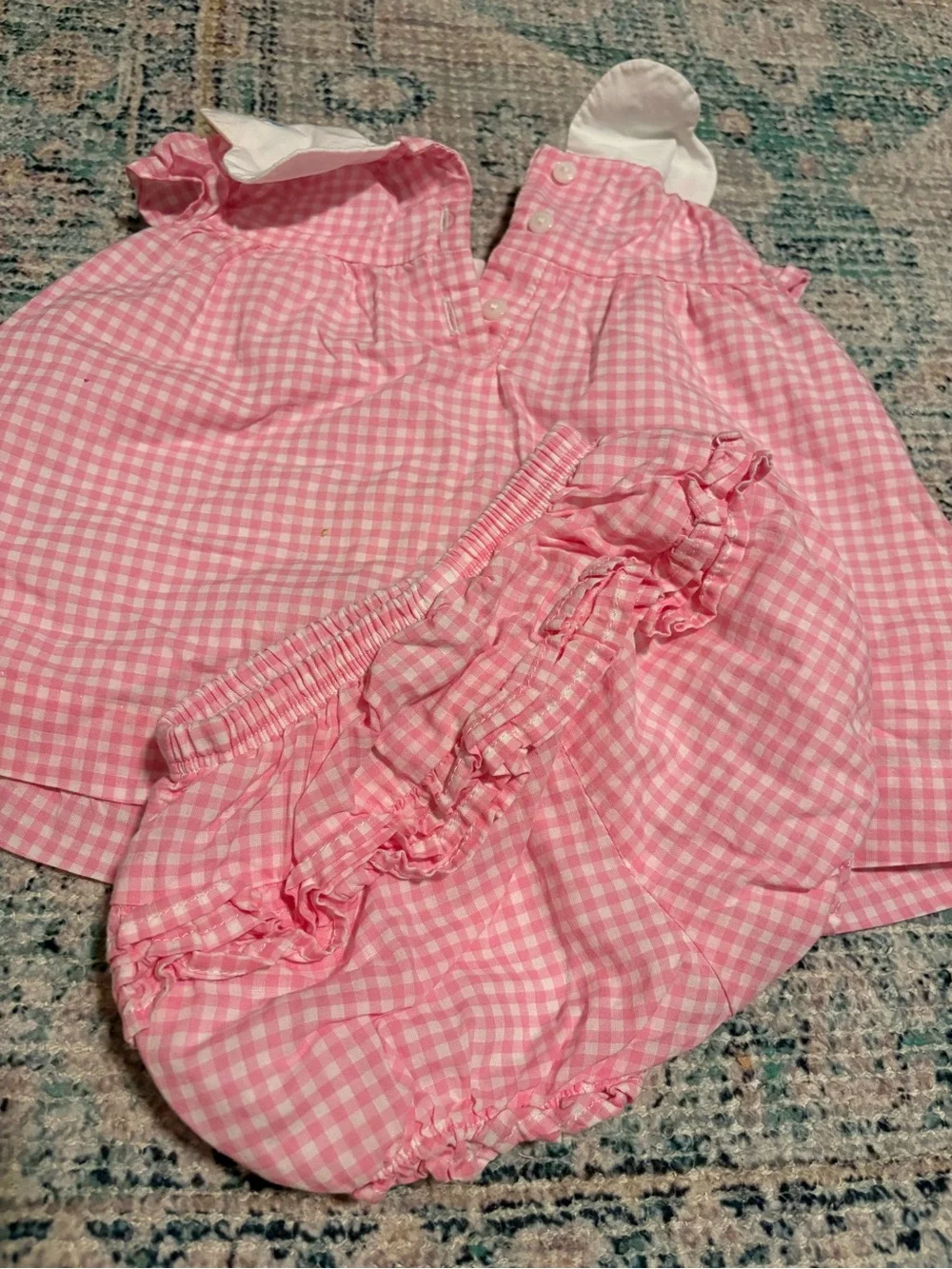 Pink Gingham Baby Dress & Bloomer Set - Floral Collar